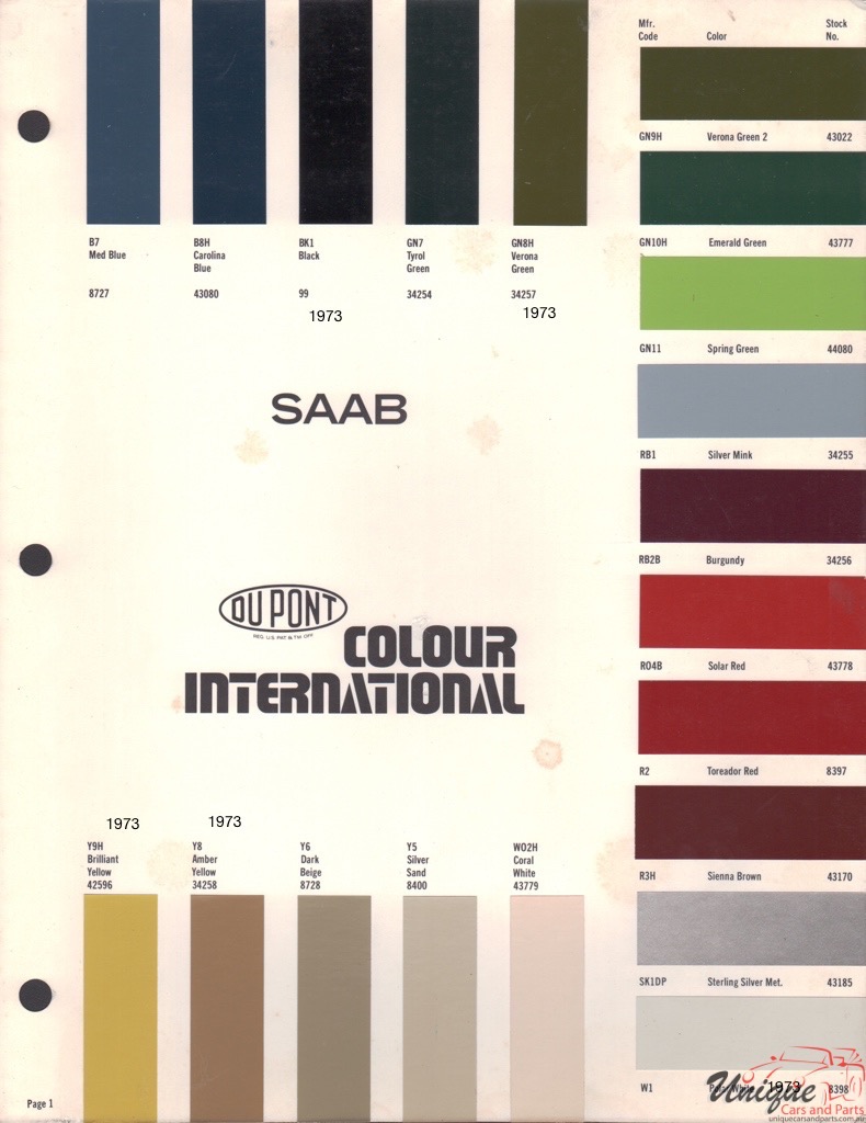 1973 SAAB International Paint Charts DuPont 1